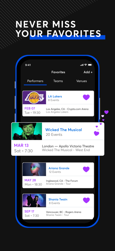 Ticketmaster app screen showing a personalized list of favorite performers, sports teams, and upcoming live events.
