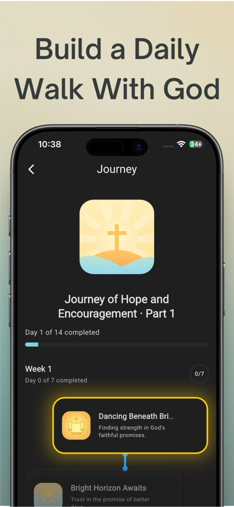 Bible Journey: Visual Stories - Bible Journey app interface showing a daily progress tracker and the headline Build a Daily Walk With God.