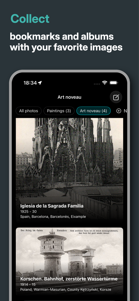 PastVu map - PastVu app screen showing a collection of historical photos titled Art Nouveau including vintage images of the Sagrada Familia and historical water towers.