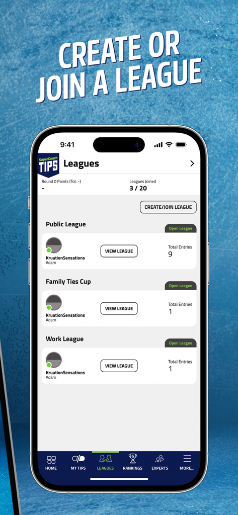 SuperCoach Tips - A smartphone showing the SuperCoach Tips app leagues page with public, family, and work league options
