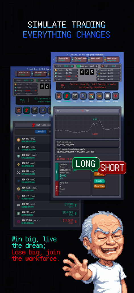 Leek Inc. - Leek Inc. mobile game interface showing cryptocurrency price charts with long and short trading buttons and a pixel art character.