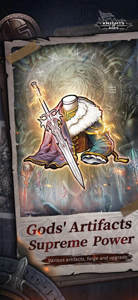 Knights of Ages - Knights of Ages mobile game screenshot showcasing legendary gods artifacts and the forge system