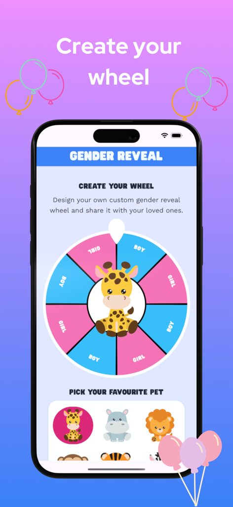 Gender Reveal Wheel - Interface for creating a custom gender reveal wheel with a cartoon giraffe and pink and blue sections