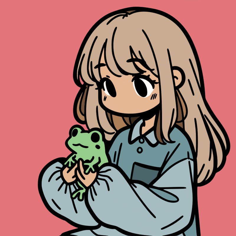 girl with long hair and a oversized shirt. and she is holding a frog