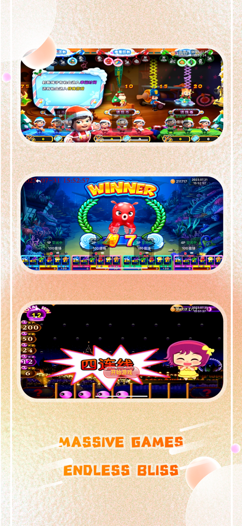 Love Pusher - Três capturas de tela mostrando diferentes temas de fliperama e jogos de empurrar moedas no aplicativo Love Pusher