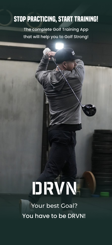 A golfer performing a powerful swing in a gym setting featuring the DRVN app slogan