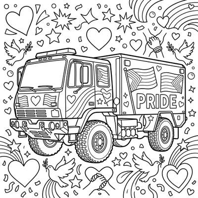 Ignite your creativity with this unique coloring page featuring a robust wildland fire engine adorned with Pride symbols. Perfect for celebrating love, diversity, and community spirit during Pride Month and beyond.