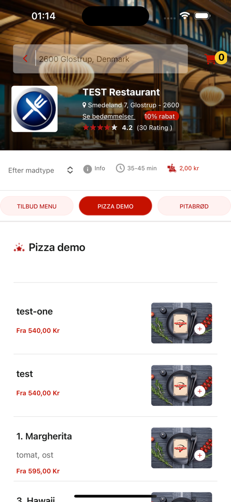 EatOnline mobile app showing a pizza menu with prices and dish descriptions.