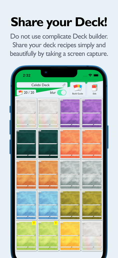 PTCGP Dex Pro app interface showing a 20 card deck recipe share screen