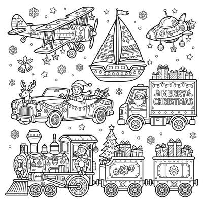 Get ready for a joyful ride with this exciting collection of Christmas-themed vehicles, perfect for young artists. Children can bring to life planes, trains, and automobiles adorned with festive decorations.