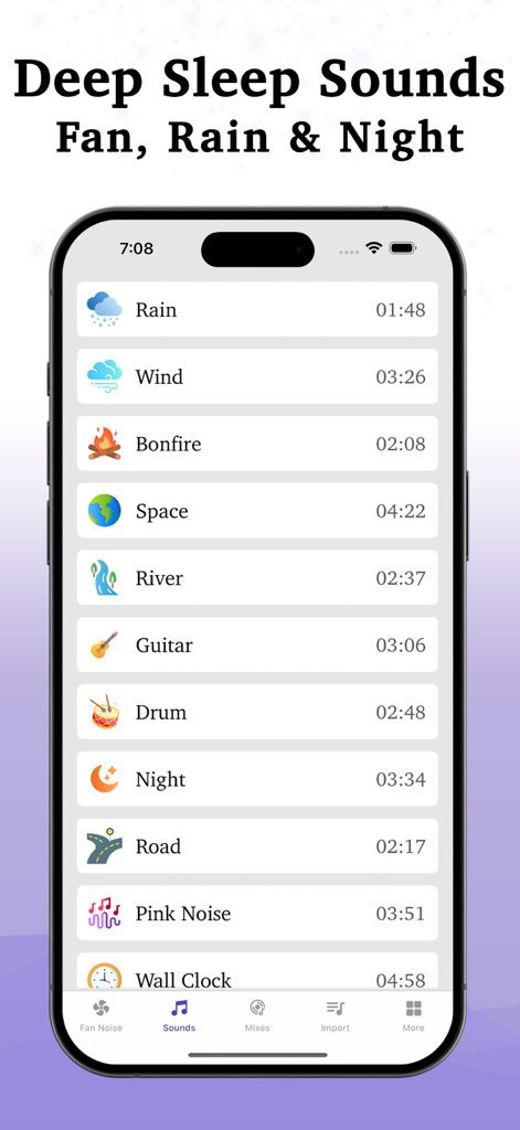 Fan Noise - White Noise Baby - Smartphone screen displaying a list of relaxing sleep sounds including rain wind and pink noise for the Fan Noise app