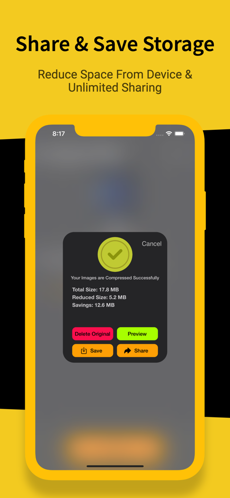 Video Compressor . - Screenshot of Video Compressor app showing successful file size reduction and storage savings on an iPhone.