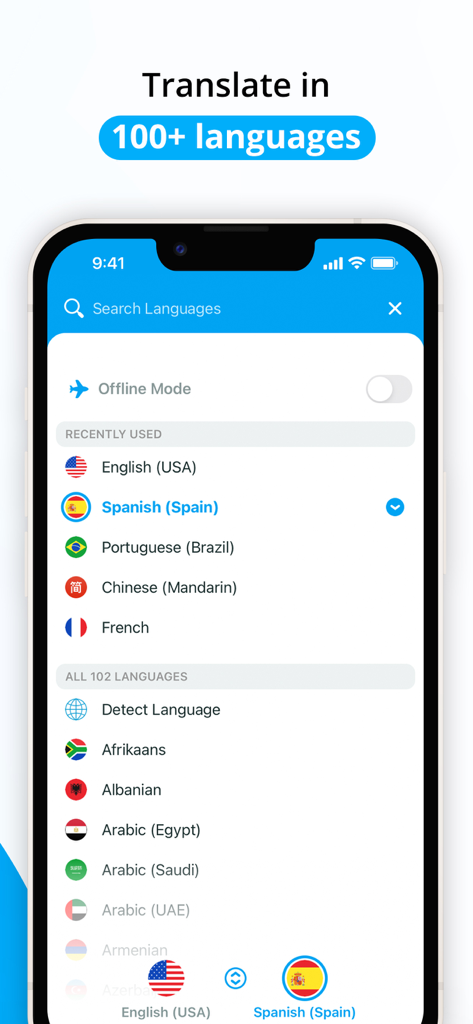 Pantalla de selección de idioma en Speak and Translate que muestra una lista de idiomas con banderas y un interruptor de modo sin conexión.