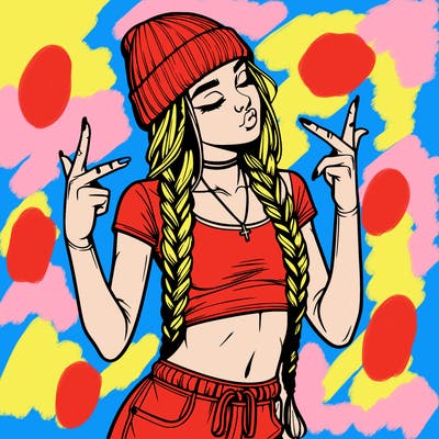 realistic teenage girl with braids and a beanie and crop top doing 🫶🏼