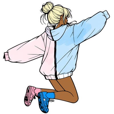 realistic girl jumping with a bun and oversized sweatshirt