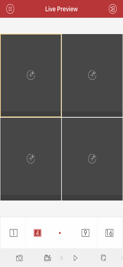 RView - RView mobile app interface showing a four-camera grid live preview screen for security monitoring