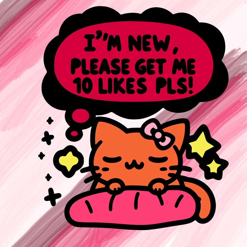 kitty taking a nap dream talking and saying "i'm new, please get me at least 10 likes pls!!"
