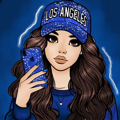 realistic beautiful girl wearing los ángeles cap holding an iphone