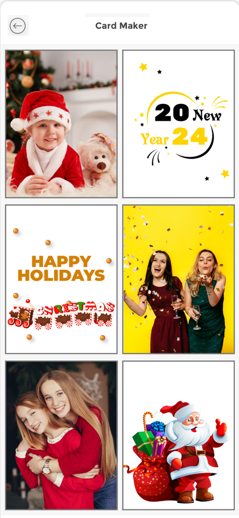 Card maker interface with various Christmas and New Year photo templates