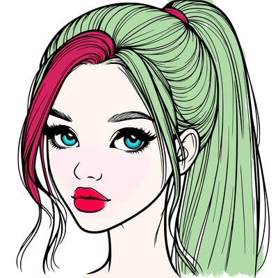 realistic girl with ponytail on the top of her hair and lips