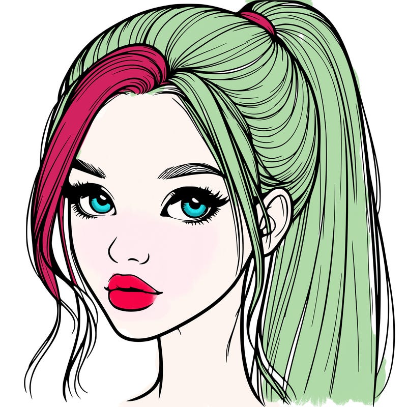 realistic girl with ponytail on the top of her hair and lips