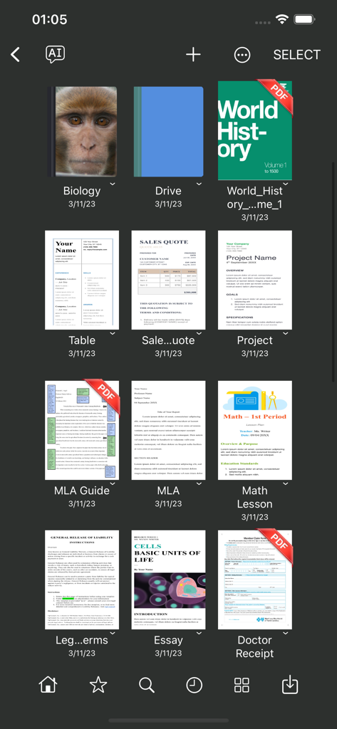 Sheet Music - Composer,Scanner - Interfaz de biblioteca digital dentro de la app Partituras mostrando una cuadrícula de varios documentos, incluyendo materias escolares, presupuestos de ventas y guías.