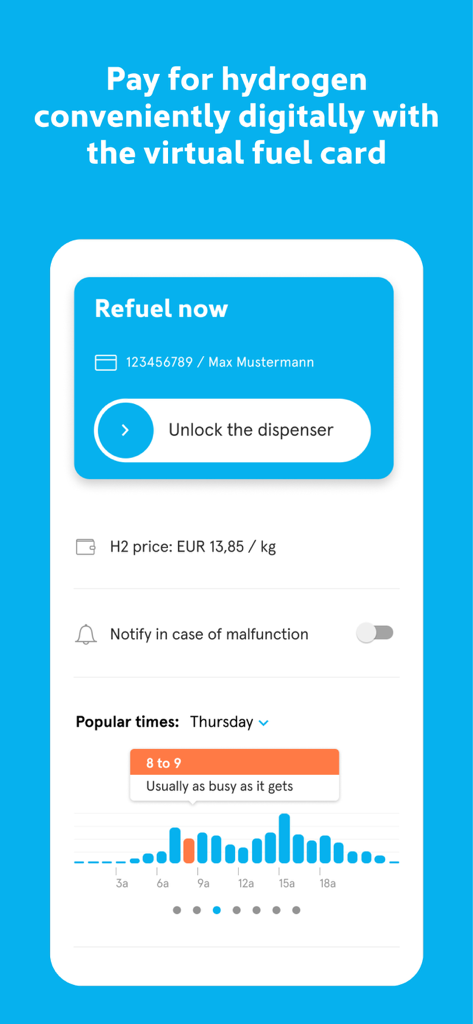 H2.LIVE - H2.LIVE App-Oberfläche für digitale Tankkartenbezahlung und Station-Belegt-Zeiten