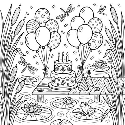 Immerse yourself in a festive wetlands birthday celebration with this enchanting coloring page. Featuring a cake, balloons, and playful nature elements like frogs and dragonflies, it's perfect for all ages.