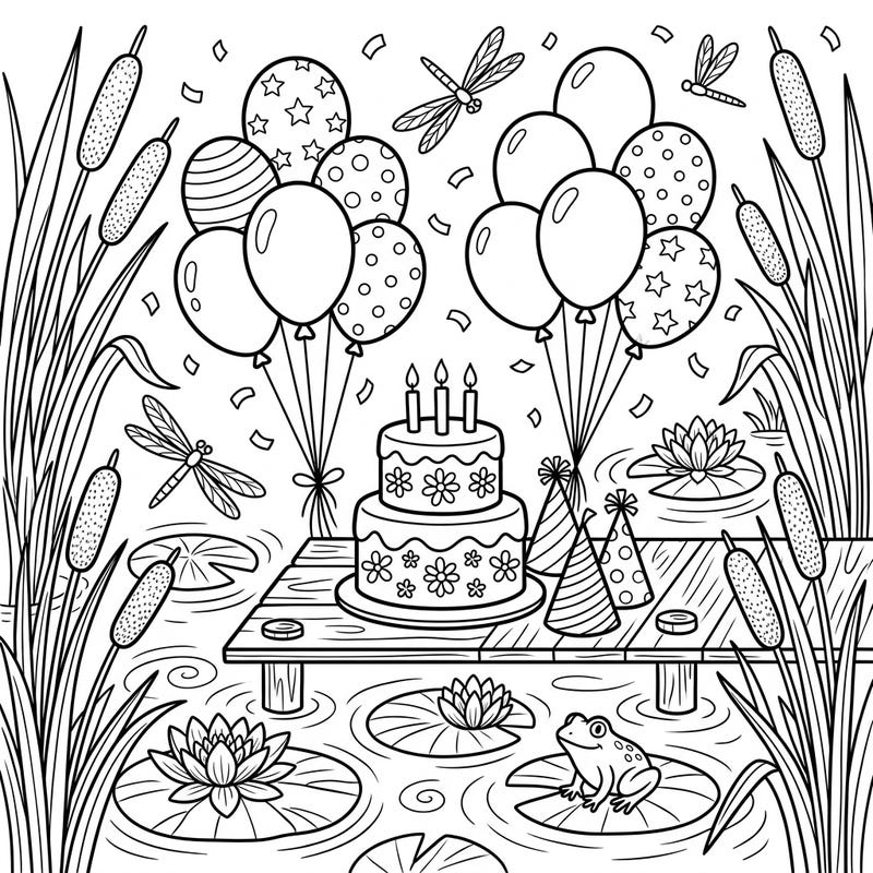Immerse yourself in a festive wetlands birthday celebration with this enchanting coloring page. Featuring a cake, balloons, and playful nature elements like frogs and dragonflies, it's perfect for all ages.