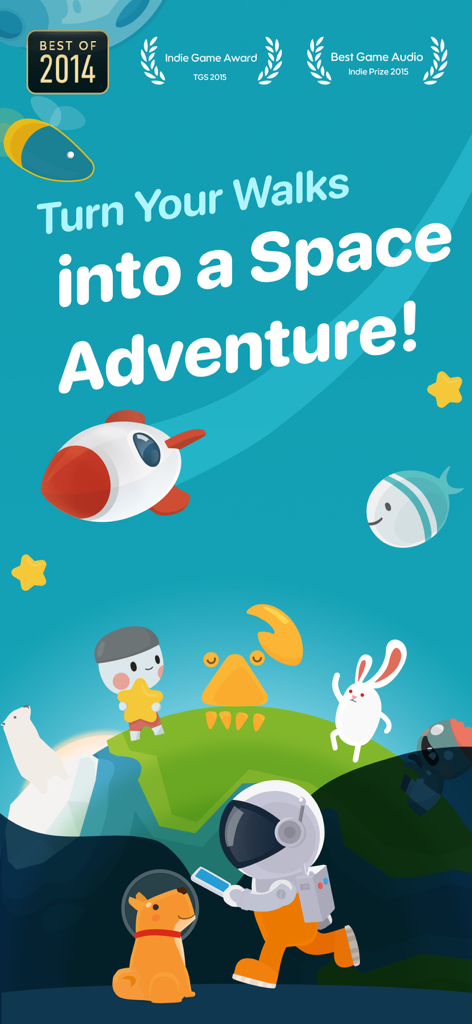Walkr - Gamified Fitness Walk - Colorful illustration of an astronaut and dog in space with text that says Turn Your Walks into a Space Adventure