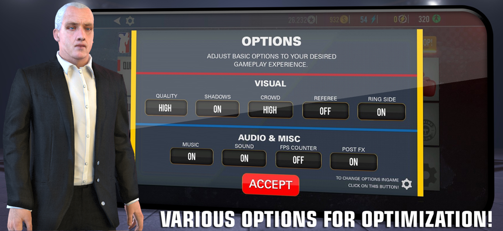 Boxing - Fighting Clash - Menú de configuración del juego Boxing Fighting Clash que muestra opciones de optimización visual y de audio