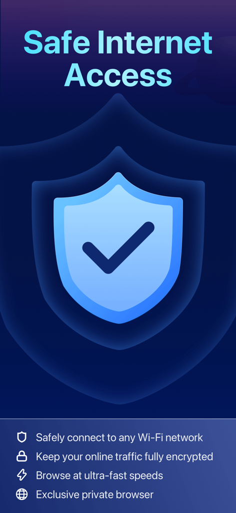 Global VPN app screen showing safe internet access features and encryption benefits