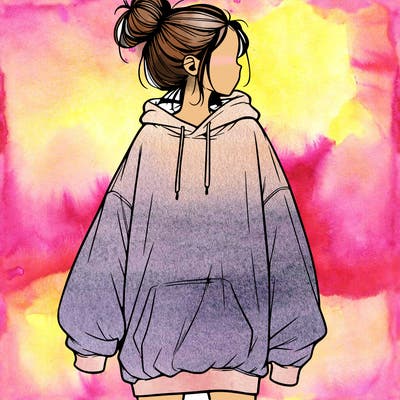 realistic girl with a oversized sweatshirt on and a bun