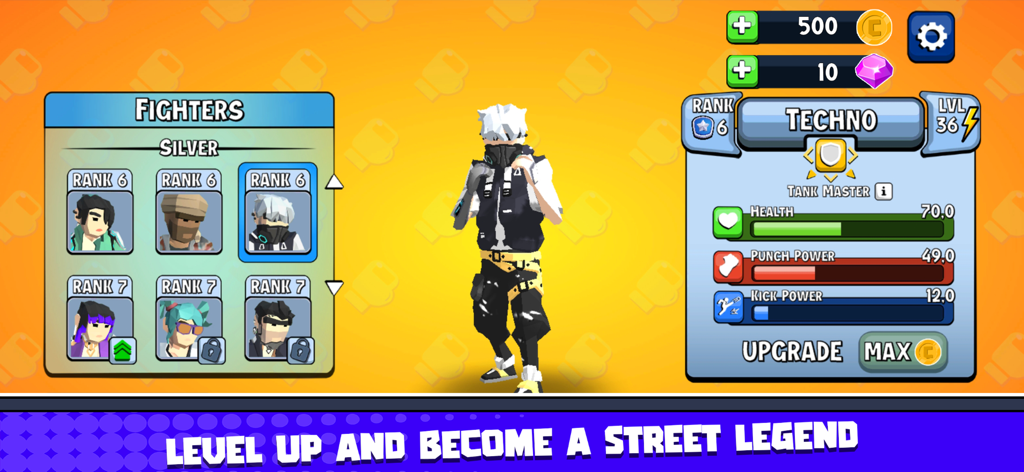 City Fighter vs Street Gang - Character selection and upgrade menu in City Fighter showing the fighter Techno with health and power stats