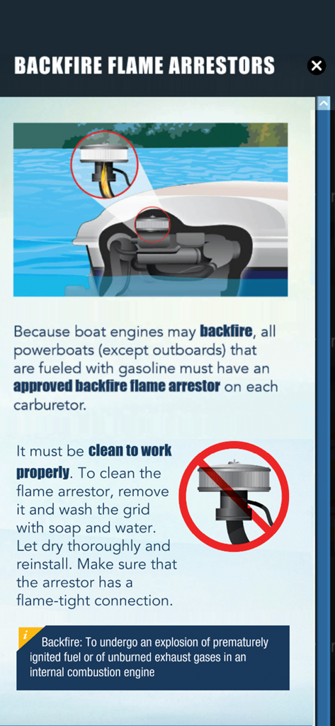 ilearntoboat - Educational content about backfire flame arrestors and maintenance in the ilearntoboat app