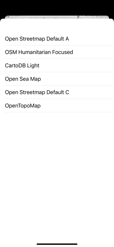 OpenMaps - Topographic maps - 6가지 오픈 소스 지형 및 해상 지도 레이어 선택 항목을 보여주는 OpenMaps 앱의 메뉴