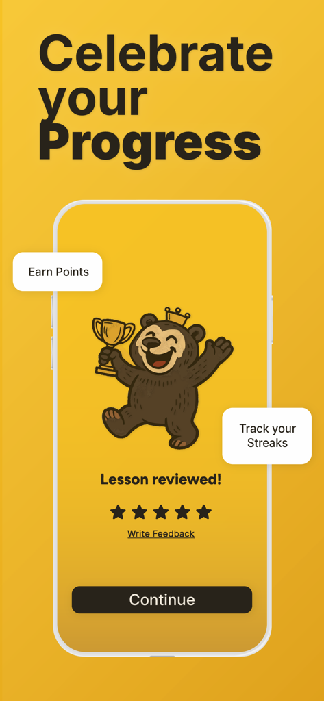 Gurwi – Learn Anything - Screenshot dell'app Gurwi che mostra una mascotte orso cartone animato che celebra i progressi delle lezioni con ricompense e serie