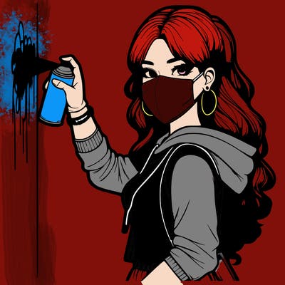 realistic girl with mask spray painting a wall