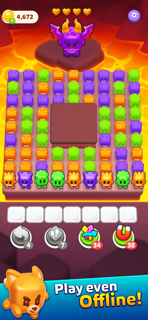 Block Jam - 3D Block Puzzle - A 3D puzzle grid filled with colorful blockie characters and a tray system for matching pieces with an offline play message