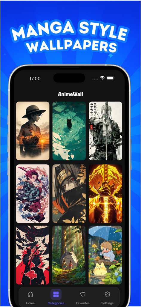 AnimeWalls:Anime Wallpapers - Interfaz de una aplicación móvil mostrando una colección de fondos de pantalla estilo manga con personajes de anime populares.