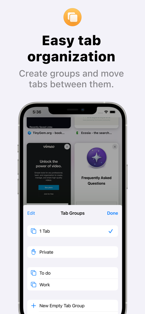 Orion Browser app interface showing easy tab organization features with private and work tab groups.