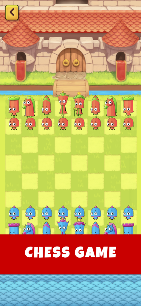 A colorful cartoon chess board featuring cute character pieces in a family-friendly mobile game.