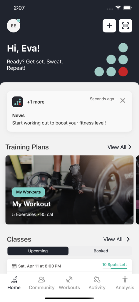 Jims Coaching - Dashboard der Jims Coaching App, das Trainingspläne und Kurspläne anzeigt.