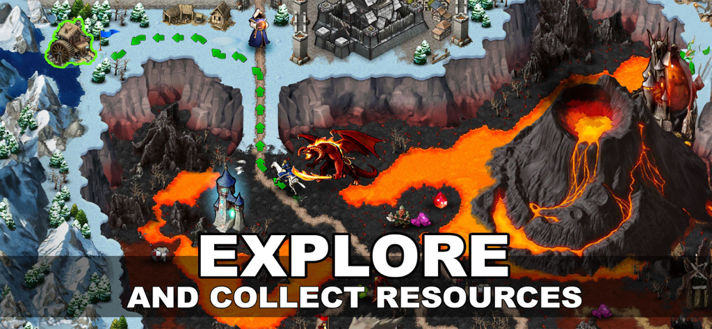 Era of Magic Wars - Tactical world map gameplay in Era of Magic Wars showing a hero exploring a fantasy landscape with volcanoes and dragons to collect resources