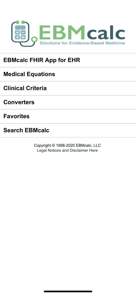 EBMcalc Kidney - The main menu of the EBMcalc Kidney app showing options for medical equations clinical criteria and converters.