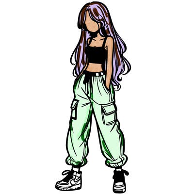 girl in baggy pants crop top and long hair