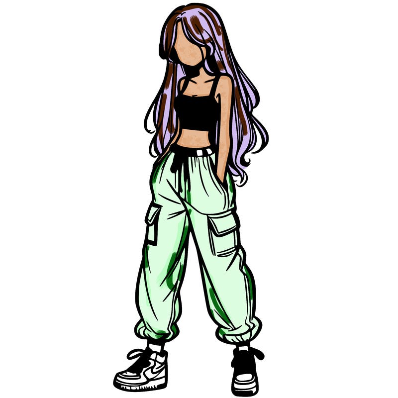 girl in baggy pants crop top and long hair