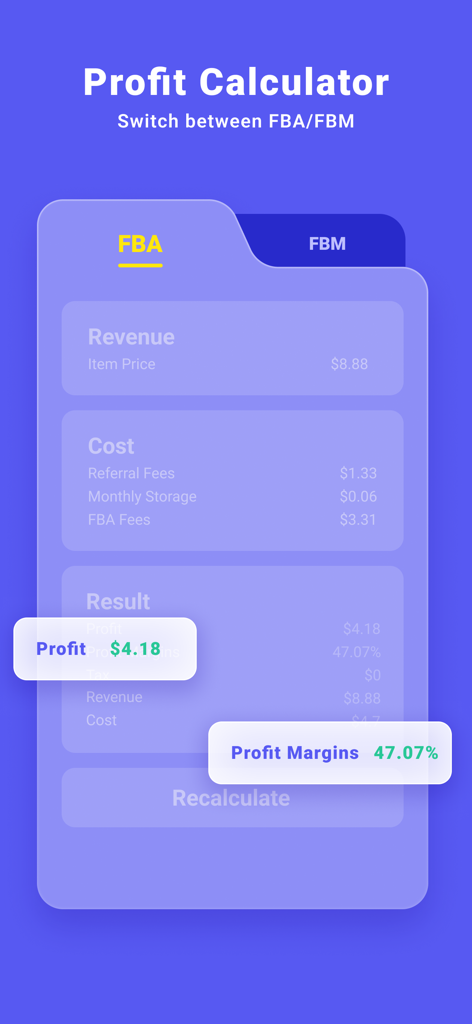 Barcode Scan For Amazon Seller - A mobile app interface showing a profit calculator for Amazon sellers with breakdowns for FBA fees, revenue, and net profit margins.