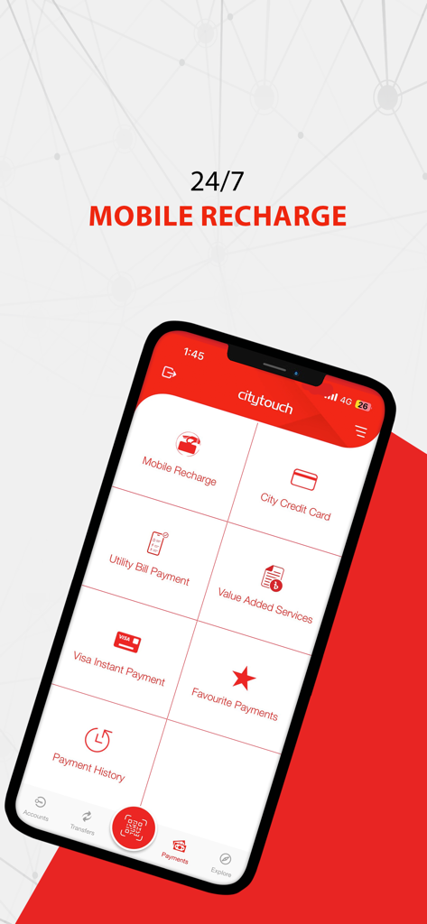 Interfaz de la aplicación Citytouch que muestra funciones de recarga y pago móvil.