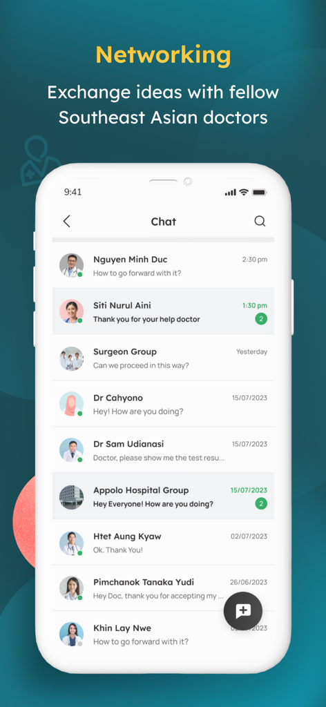 Interface de l'application Docquity affichant une liste de discussion sécurisée pour le réseautage entre médecins.